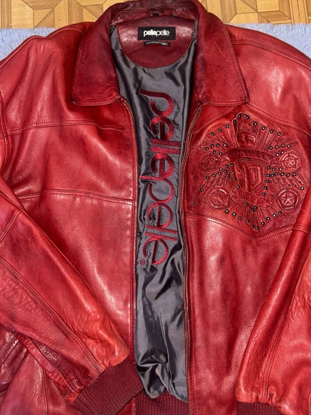 Pelle Pelle Red Leather Embossed Crest Bomber Jacket